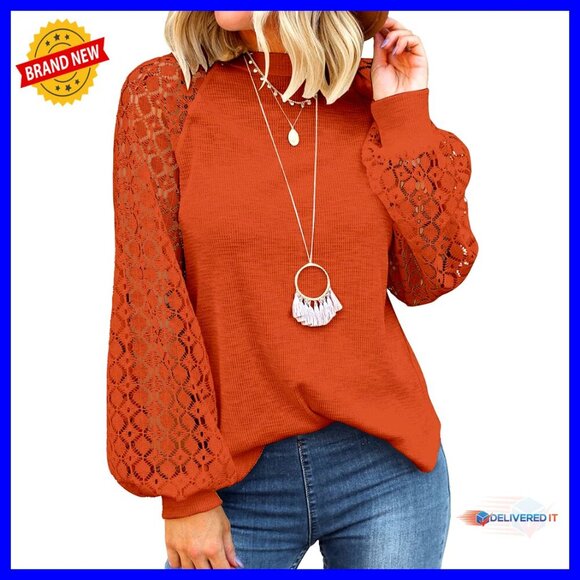 Tops - Lace Long Sleeve Blouse Balloon Sleeve Loose Fit Elegant Chic Casual Top